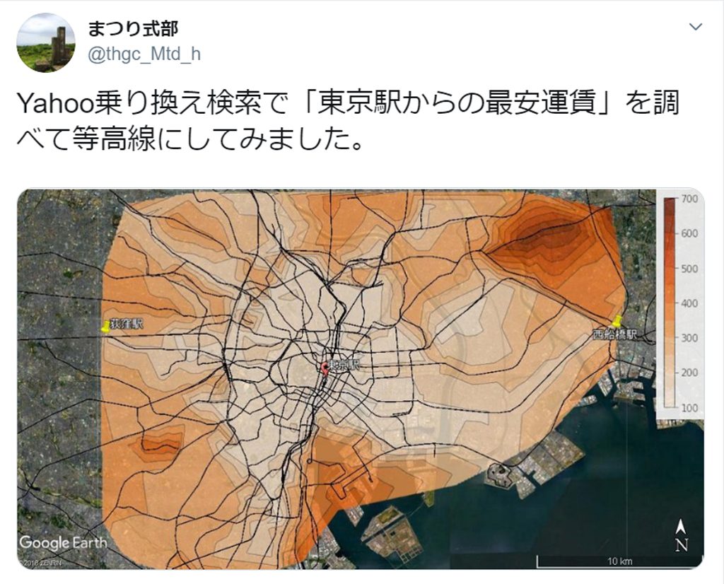 東京駅からの最安運賃 がひと目でわかる東京周辺の地図がtwitterで話題 最も運賃が高いのは ガジェット通信 Getnews