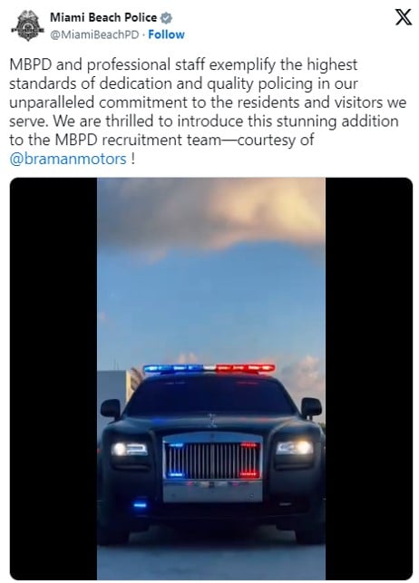 リアル『バッドボーイズ』!? パトカーが高級車すぎるマイアミ・ビーチ警察