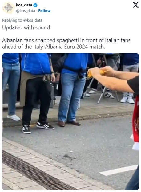 サッカーの試合前にイタリアサポーターの目の前でスパゲッティをへし折るアルバニアサポーターが話題