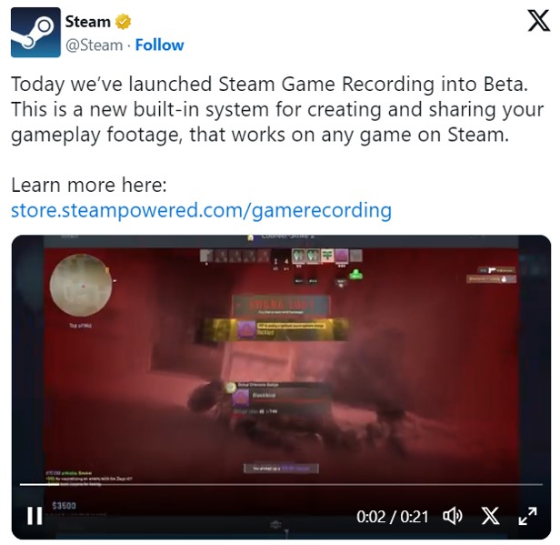 Steamに「ゲームレコーディング」機能のベータ版が登場
