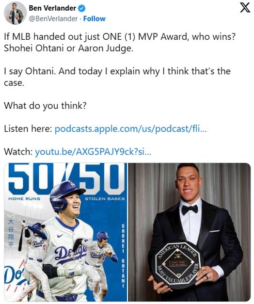 「MVPは1人だけだとしたら大谷翔平とアーロン・ジャッジのどっち？」 →スポーツアナリストの煽りに反応しまくるアメリカの野球ファン